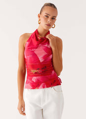 Delany Halter Top - Peach Watermelon Flower
