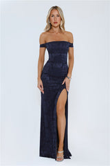 Night Bloom Off Shoulder Maxi Dress Navy
